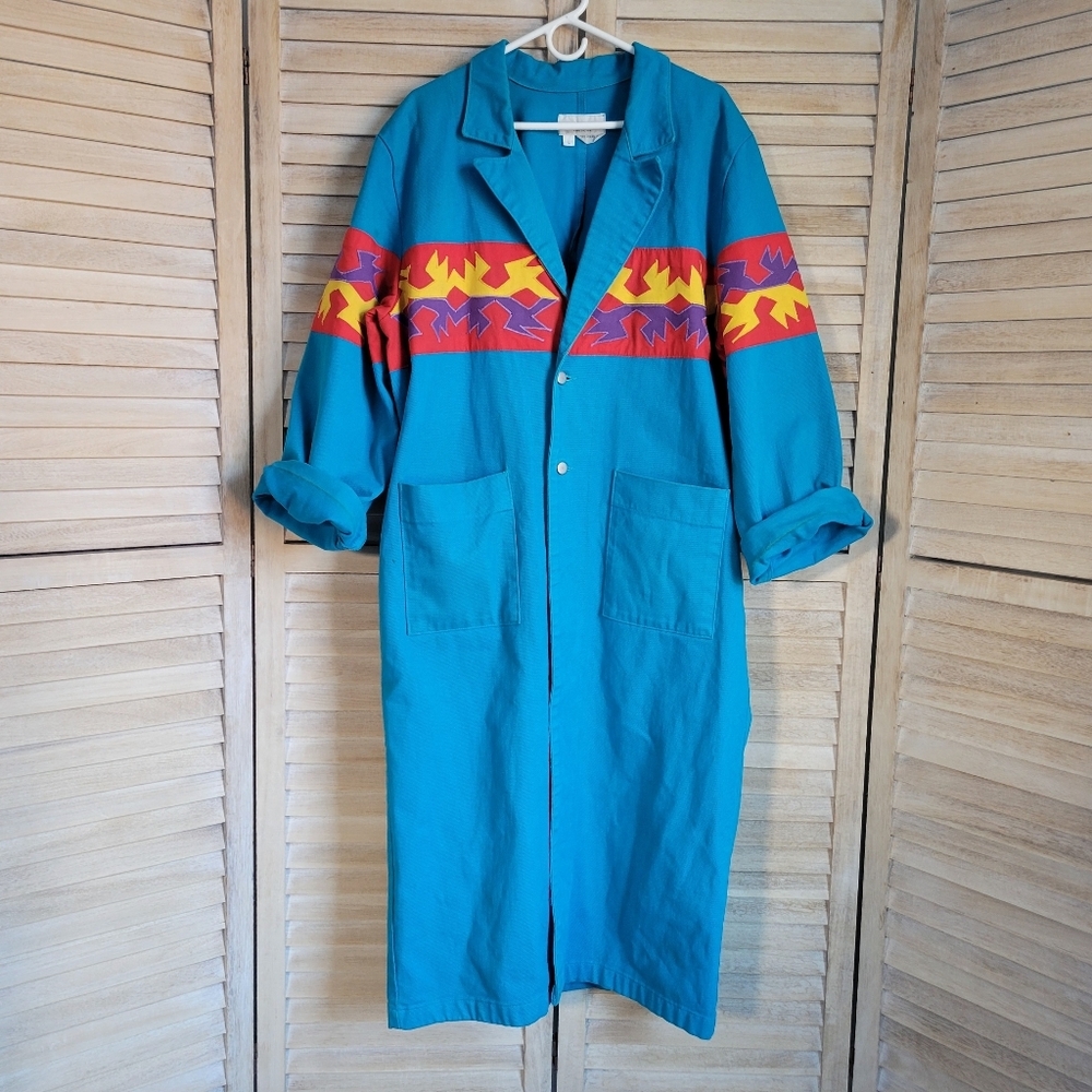 Vintage Buffalo Sun Aztec Denim Duster Trench Coat Western Southwestern Jacket L